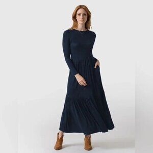 SAINT & SOFIA Women Greenwich Long Sleeve Tiered Maxi Dress Navy Pockets US 6